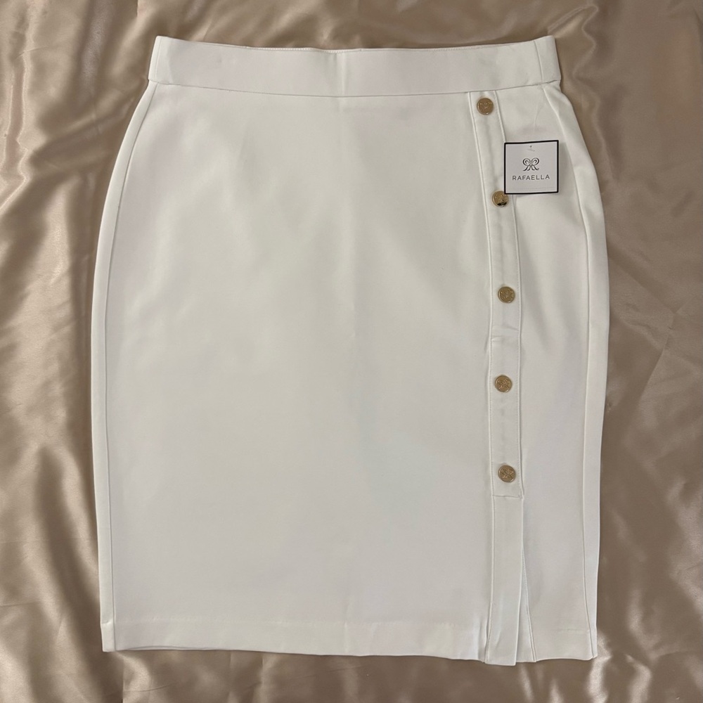 Off-White Ponte Pull-On Pencil Skirt With Slit & Gold Button Detail